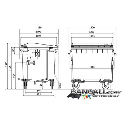 Bin1000LRuo4J - Cassonetto per Rifiuti 1000 Litri  in plastica di vari colori per la Raccolta Differenziata Altezza 1315 mm Larghezza 1100 mm Lunghezza 1370 mm con 4 Ruote in gomma piena  Peso Tara 57 Kg.