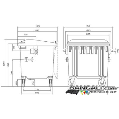 Bin1000LRuo4J - Cassonetto per Rifiuti 1000 Litri  in plastica di vari colori per la Raccolta Differenziata Altezza 1315 mm Larghezza 1100 mm Lunghezza 1370 mm con 4 Ruote in gomma piena  Peso Tara 57 Kg.