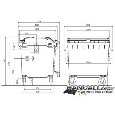 Bin1100LRuo4J - Cassonetto per Rifiuti 1100 Litri  in plastica di vari colori per la Raccolta Differenziata Altezza 1448 mm Larghezza 1065 mm Lunghezza 1370 mm con 4 Ruote in gomma piena  Peso Tara 65 Kg.