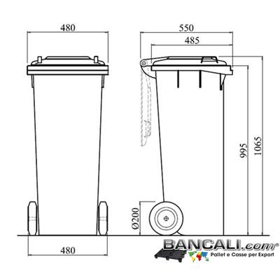 Bin140LRuoteJ - Cassonetto per Rifiuti 140 Litri in plastica di vari colori per la Raccolta Differenziata Altezza 1065 mm Larghezza 480 mm Lunghezza 550 mm con 2 Ruote in gomma piena Peso Tara 10 Kg