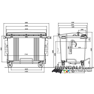 Bin1700LRuo4J - Cassonetto per Rifiuti 1700 Litri  in plastica di vari colori per la Raccolta Differenziata Altezza 1340 mm Larghezza 1150 mm Lunghezza 1880 mm con 4 Ruote in gomma piena  Peso Tara 107 Kg.