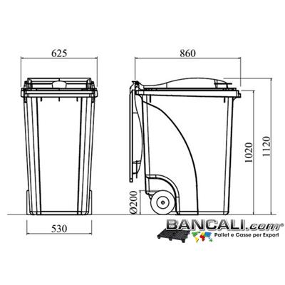 Bin360LRuoteJ - Cassonetto per Rifiuti 360 Litri in plastica di vari colori per la Raccolta Differenziata Altezza 1020 mm Larghezza 625 mm Lunghezza 860 mm con 2 Ruote in gomma piena Peso Tara 15 Kg