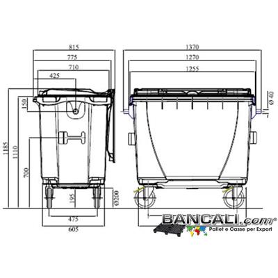 Bin660LRuoteJ - Cassonetto per Rifiuti 660 Litri  in plastica di vari colori per la Raccolta Differenziata Altezza 1185 mm Larghezza 775 mm Lunghezza 1370 mm con 4 Ruote in gomma piena  Peso Tara 35 Kg.