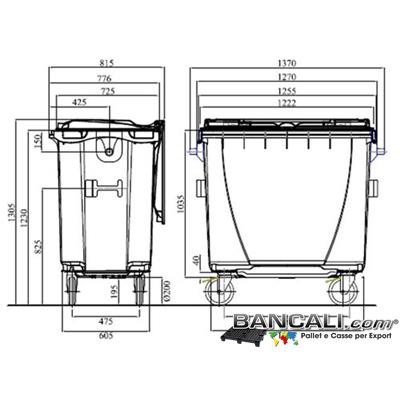 Bin770LRuoteJ - Cassonetto per Rifiuti 770 Litri  in plastica di vari colori per la Raccolta Differenziata Altezza 1305 mm Larghezza 775 mm Lunghezza 1370 mm con 4 Ruote in gomma piena  Peso Tara 38 Kg.