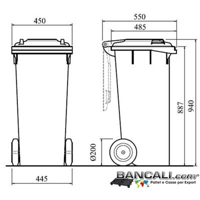 Bin80LtRuoteJ - Cassonetto per Rifiuti 80 Litri  in plastica di vari colori per la Raccolta Differenziata Altezza 940 mm. Larghezza 450 mm. Lunghezza 550 mm. con 2 Ruote in gomma piena  Peso Tara 9 Kg.