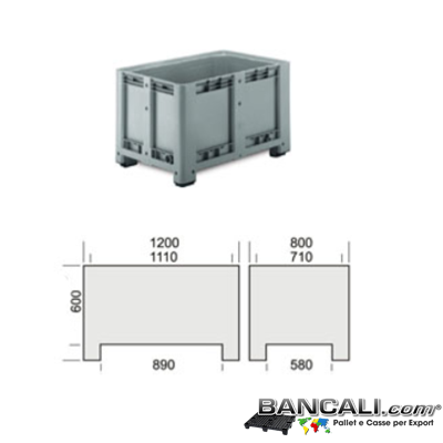 Box80x120R4CF - Pallet Box in plastica 800x1200 h.810 mm. Contenitore in HDPE Vergine, per uso Universale, Capacit&agrave; 500 Litri, con 4 ruote in Poliuretano, posizionate a rombo Peso Tara 40 Kg