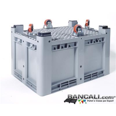Box80x120R4CF - Pallet Box in plastica 800x1200 h.810 mm. Contenitore in HDPE Vergine, per uso Universale, Capacit&agrave; 500 Litri, con 4 ruote in Poliuretano, posizionate a rombo Peso Tara 40 Kg