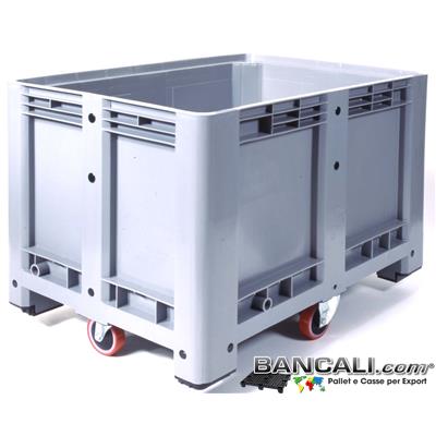 Box80x120R4CF - Pallet Box in plastica 800x1200 h.810 mm. Contenitore in HDPE Vergine, per uso Universale, Capacit&agrave; 500 Litri, con 4 ruote in Poliuretano, posizionate a rombo Peso Tara 40 Kg