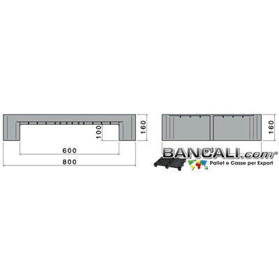 H2RACK60x80W2 - Mini Pallet in plastica 600x800 h 160 mm. in HDPE Vergine Pallet inforcabile 2 Vie idoneo per portata su scaffale e transito su rulliera ottimo per la logistica intensiva Peso Tara 9 Kg.